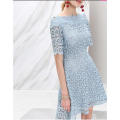 Flower Lace off-Shoulder Light Blue Half Sleeve Women′s Dress